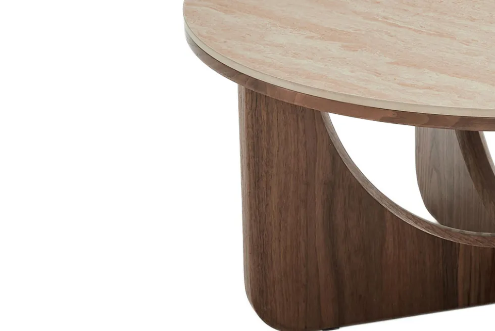 Runder Couchtisch ENSO 80cm champagner greige Travertin Keramik Walnussholz