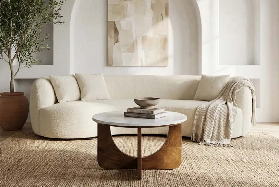 Runder Couchtisch ENSO 60cm weiß Marmor braun massiv Mangoholz