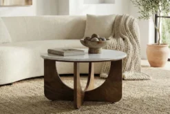 Runder Couchtisch ENSO 60cm weiß Marmor braun massiv Mangoholz