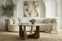 Runder Couchtisch ENSO 60cm weiß Marmor braun massiv Mangoholz