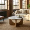Runder Couchtisch ENSO 80cm weiß Marmor Keramik Eichenholz