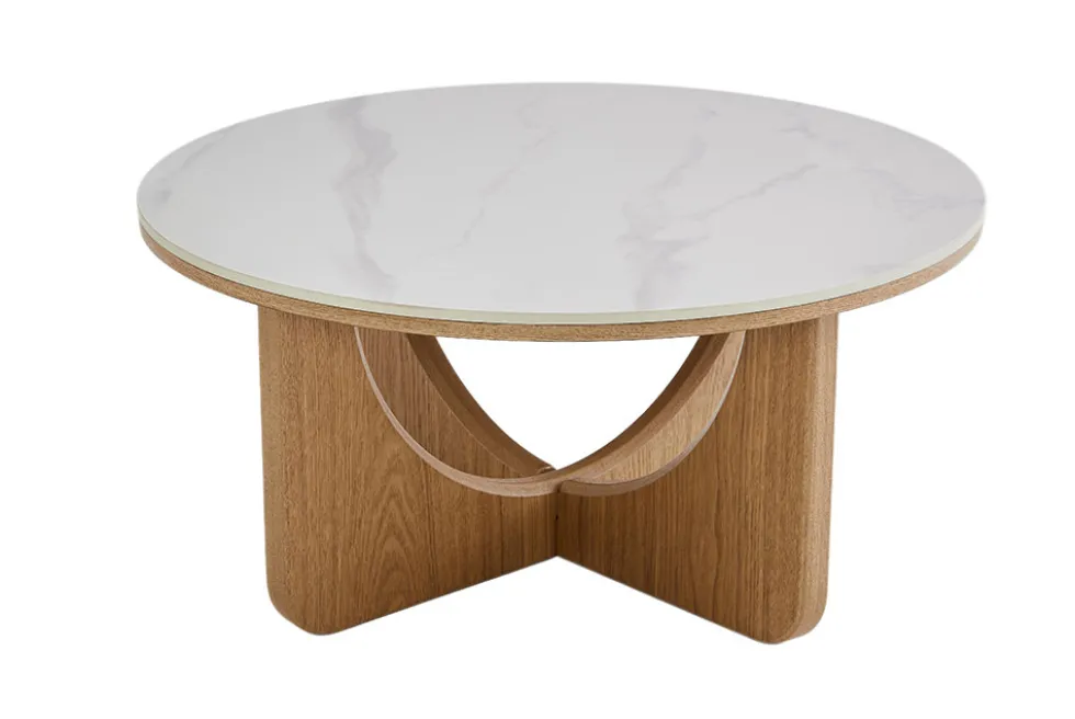 Runder Couchtisch ENSO 80cm weiß Marmor Keramik Eichenholz