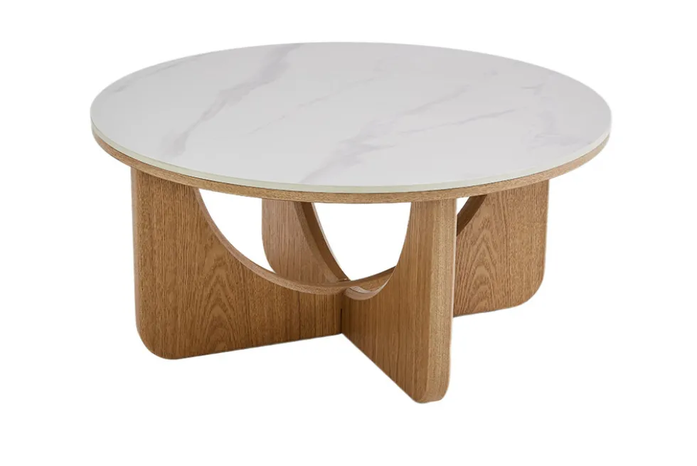 Runder Couchtisch ENSO 80cm weiß Marmor Keramik Eichenholz