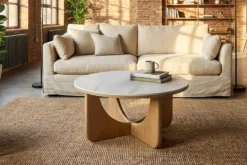 Runder Couchtisch ENSO 80cm weiß Marmor Keramik Eichenholz