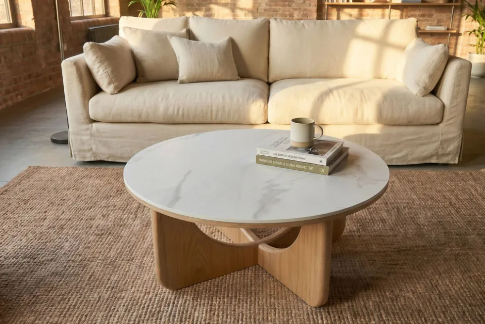 Runder Couchtisch ENSO 80cm weiß Marmor Keramik Eichenholz