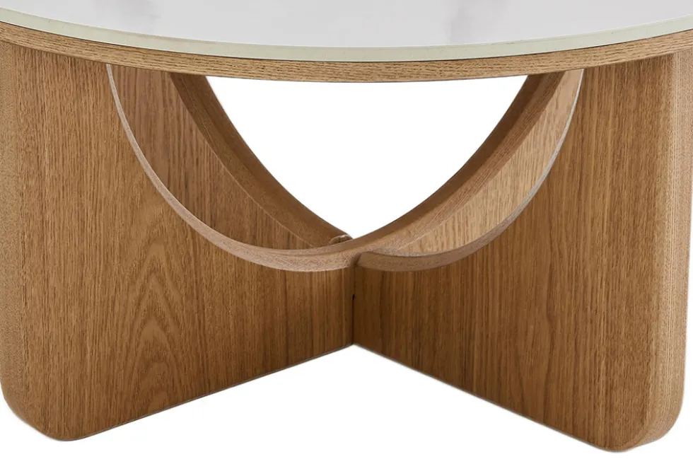 Runder Couchtisch ENSO 80cm weiß Marmor Keramik Eichenholz