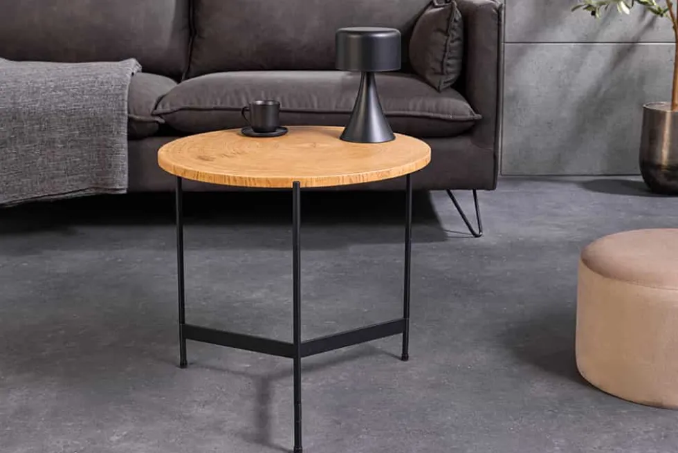 Runder Couchtisch FUSION 50cm Baumscheibe Eiche schwarz Metall Beistelltisch