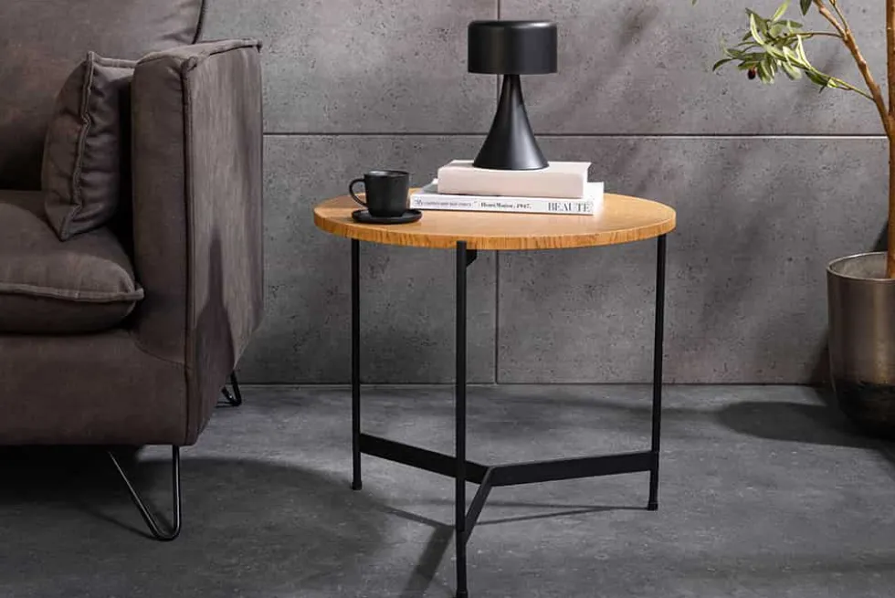 Runder Couchtisch FUSION 50cm Baumscheibe Eiche schwarz Metall Beistelltisch