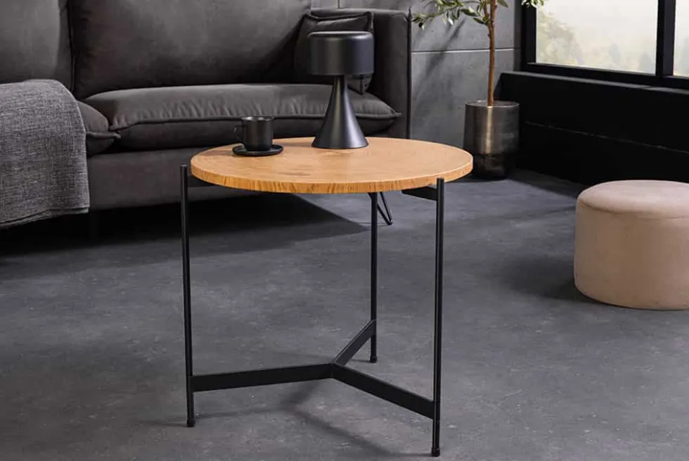 Runder Couchtisch FUSION 50cm Baumscheibe Eiche schwarz Metall Beistelltisch