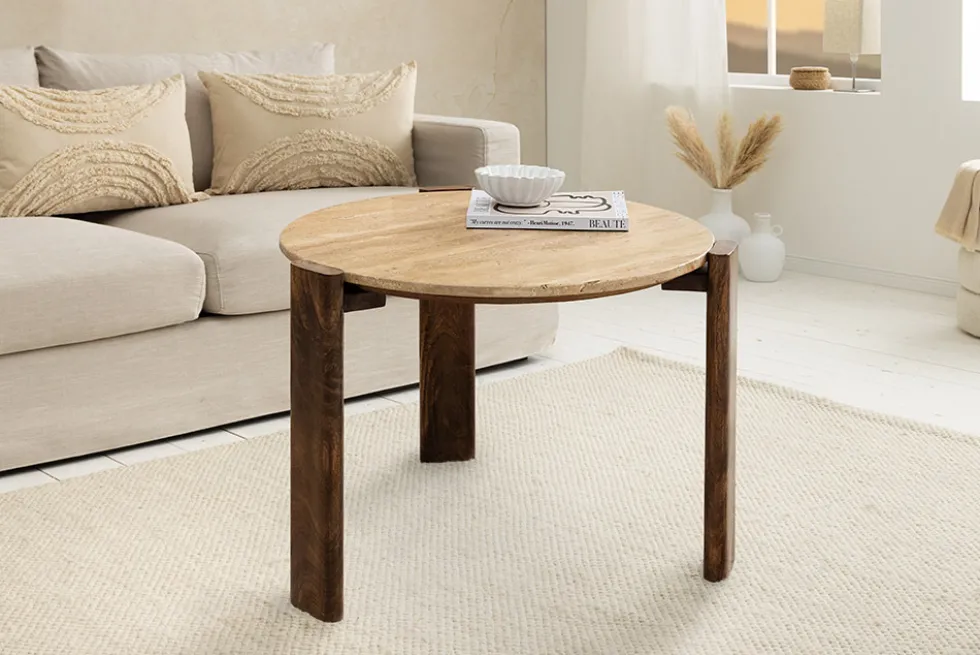 Runder Couchtisch GATSBY 70cm braun Mangoholz mit echtem Travertin