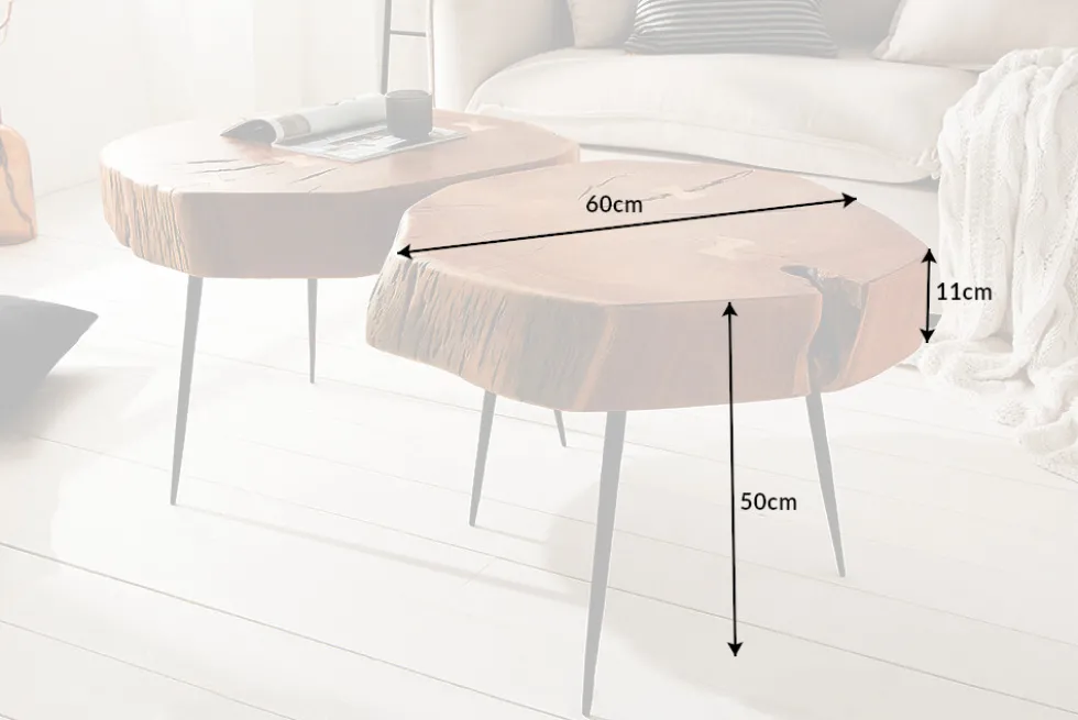 Runder Couchtisch GOA 60cm Akazie Massivholz Baumstamm schwarze Metallbeine