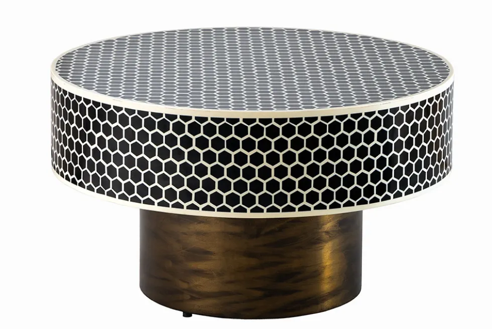 Runder Couchtisch HARMONY NATURE 60cm schwarz weiß gold mit Mosaik