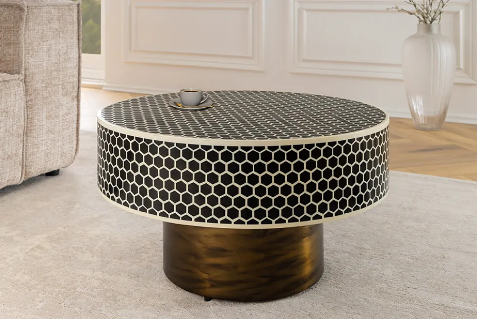 Runder Couchtisch HARMONY NATURE 60cm schwarz weiß gold mit Mosaik