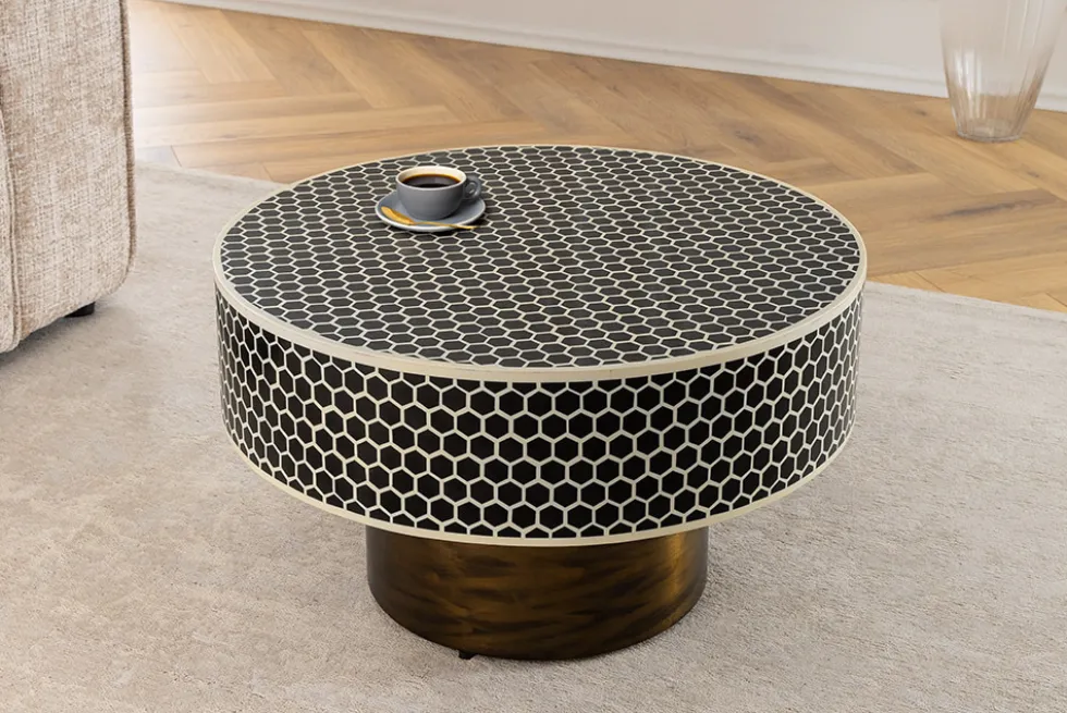 Runder Couchtisch HARMONY NATURE 60cm schwarz weiß gold mit Mosaik