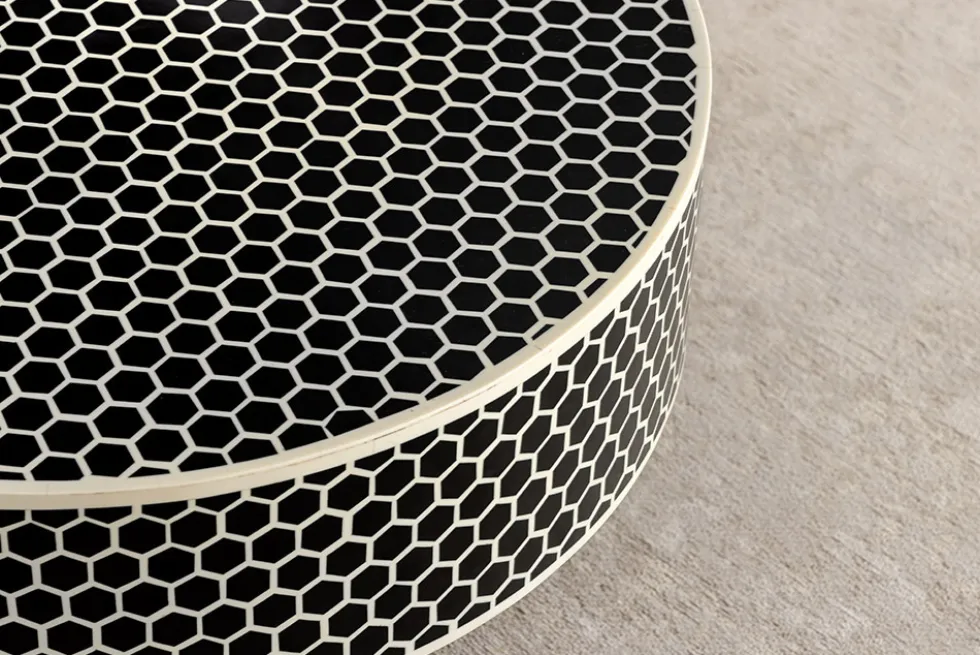 Runder Couchtisch HARMONY NATURE 60cm schwarz weiß gold mit Mosaik