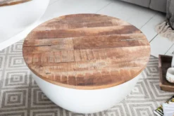 Runder Couchtisch INDUSTRIAL STORAGE 60cm weiß natur Mangoholz mit Stauraum handmade