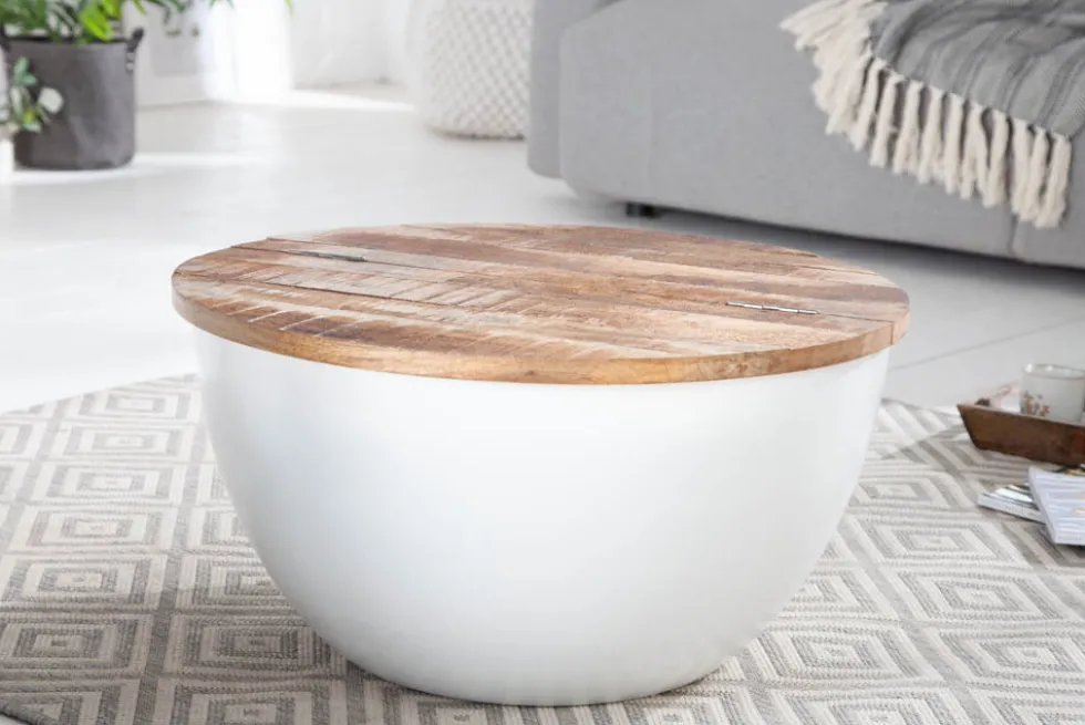 Runder Couchtisch INDUSTRIAL STORAGE 60cm weiß natur Mangoholz mit Stauraum handmade