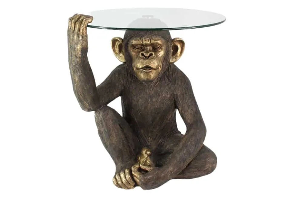 Runder Couchtisch KING APE 65cm schwarz gold Glas Affenfigur handmade
