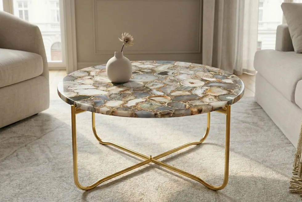 Runder Couchtisch NOBLE 65cm Edelstein Achat abnehmbare Tischplatte goldenes Metallgestell