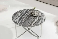 Runder Couchtisch NOBLE 65cm grau Marmor abnehmbare Tischplatte klappbar silber Metall