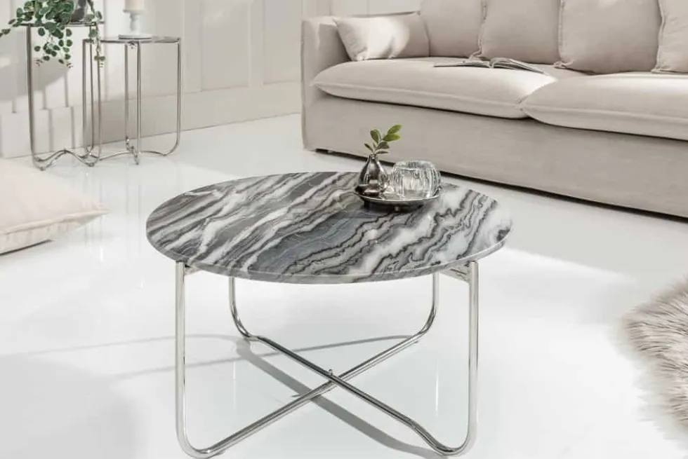 Runder Couchtisch NOBLE 65cm grau Marmor abnehmbare Tischplatte klappbar silber Metall