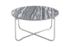 Runder Couchtisch NOBLE 65cm grau Marmor abnehmbare Tischplatte klappbar silber Metall