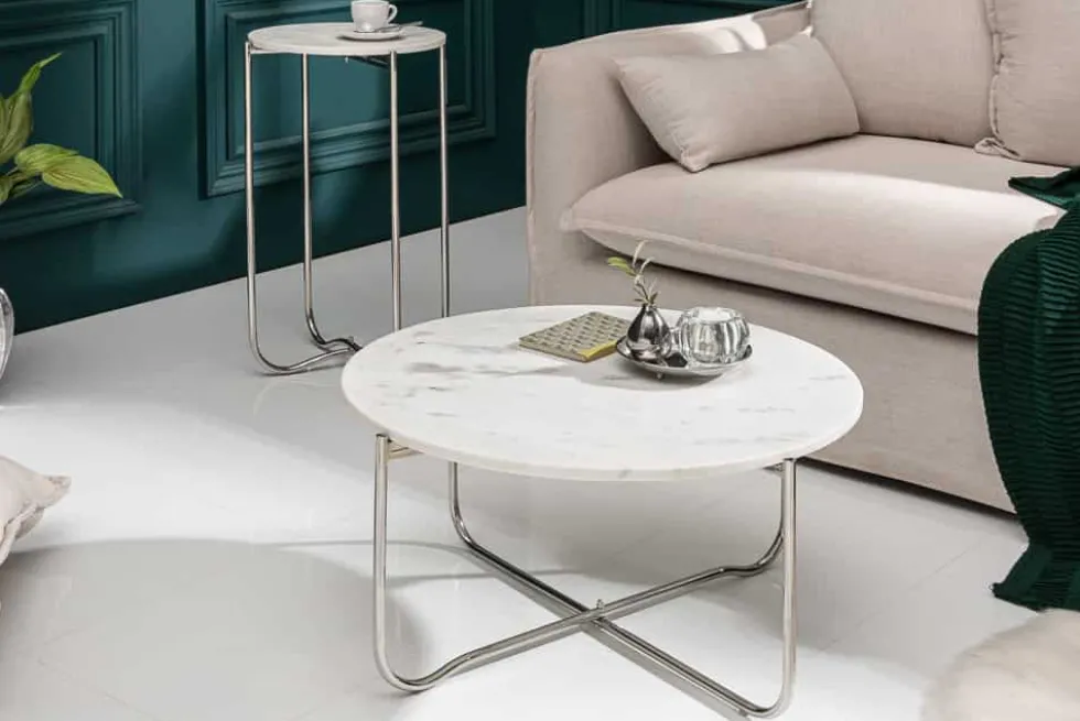Runder Couchtisch NOBLE 65cm weiß Marmor abnehmbare Tischplatte klappbar silber Metall