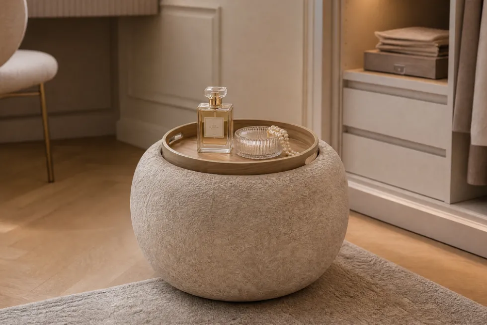 Runder Couchtisch ORBIT 50cm champagner-greige Bouclé Hocker mit Tablett und Stauraum