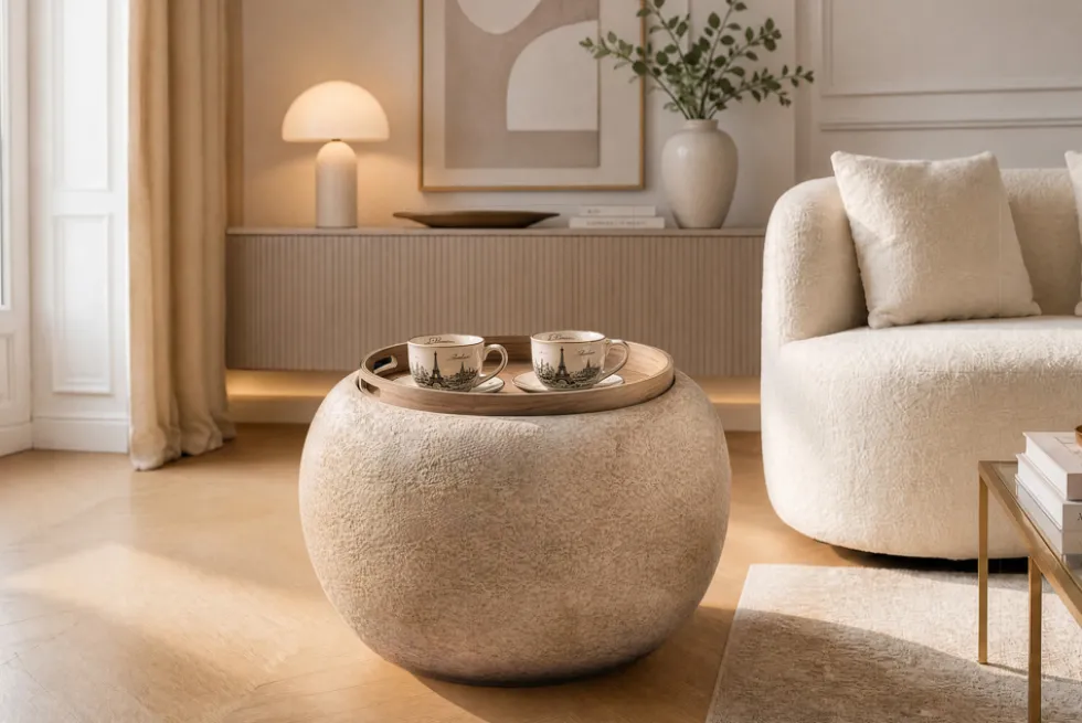 Runder Couchtisch ORBIT 50cm champagner-greige Bouclé Hocker mit Tablett und Stauraum