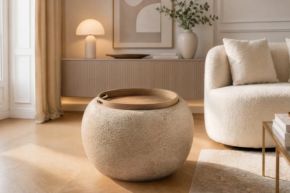 Runder Couchtisch ORBIT 50cm champagner-greige Bouclé Hocker mit Tablett und Stauraum