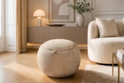 Runder Couchtisch ORBIT 50cm champagner-greige Bouclé Hocker mit Tablett und Stauraum