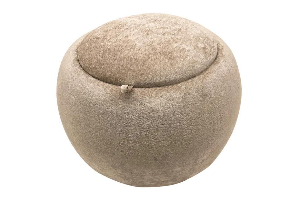 Runder Couchtisch ORBIT 50cm champagner-greige Bouclé Hocker mit Tablett und Stauraum