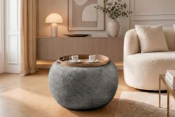 Runder Couchtisch ORBIT 50cm grau Bouclé Hocker mit Tablett und Stauraum