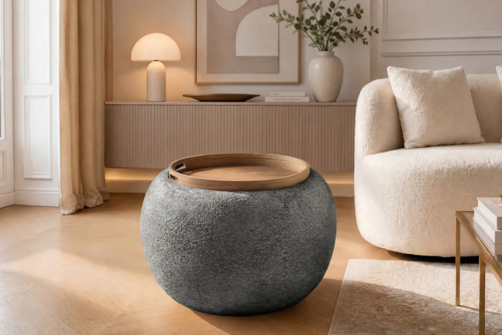 Runder Couchtisch ORBIT 50cm grau Bouclé Hocker mit Tablett und Stauraum