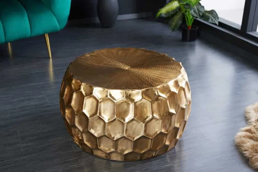 Runder Couchtisch ORGANIC ORIENT 70cm gold Metall Hammerschlag handmade Waben Design