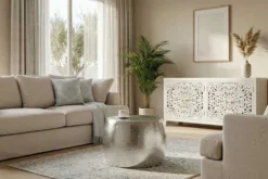 Runder Couchtisch ORIENT 60cm silber Metall Aluminium Hammerschlag Design handmade