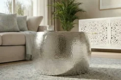 Runder Couchtisch ORIENT 60cm silber Metall Aluminium Hammerschlag Design handmade