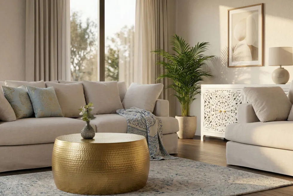 Runder Couchtisch ORIENT III 60cm gold Metall Hammerschlag Design handmade