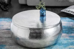 Runder Couchtisch ORIENT STORAGE 70cm silber Metall mit Stauraum Hammerschlag Design handmade