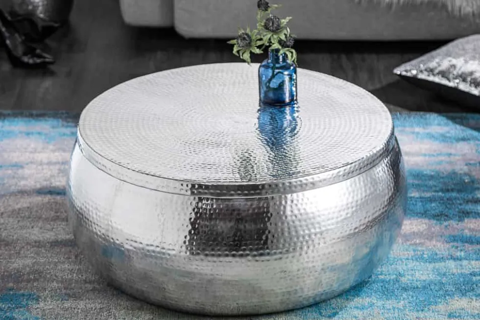 Runder Couchtisch ORIENT STORAGE 70cm silber Metall mit Stauraum Hammerschlag Design handmade
