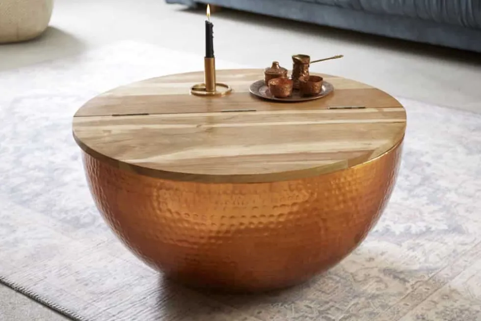 Runder Couchtisch ORIENT STORAGE 60cm kupfer Hammerschlag handmade Akazienholz mit Stauraum