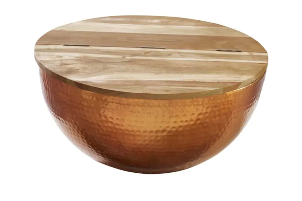 Runder Couchtisch ORIENT STORAGE 60cm kupfer Hammerschlag handmade Akazienholz mit Stauraum
