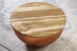 Runder Couchtisch ORIENT STORAGE 60cm kupfer Hammerschlag handmade Akazienholz mit Stauraum