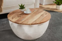 Runder Couchtisch ORIENT STORAGE 60cm silber Akazienholz mit Stauraum Hammerschlag handmade