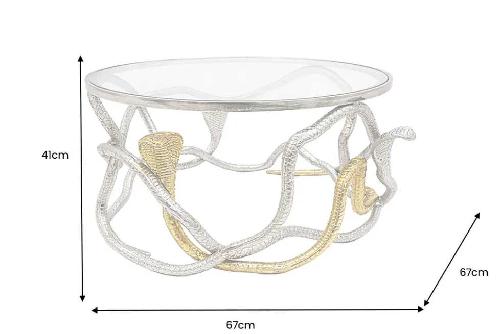 Runder Couchtisch SNAKE 70cm gold silber Metall Schlangen-Skulptur Glasplatte