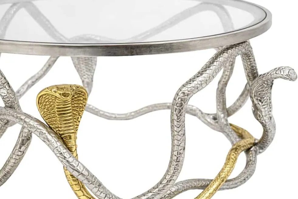 Runder Couchtisch SNAKE 70cm gold silber Metall Schlangen-Skulptur Glasplatte