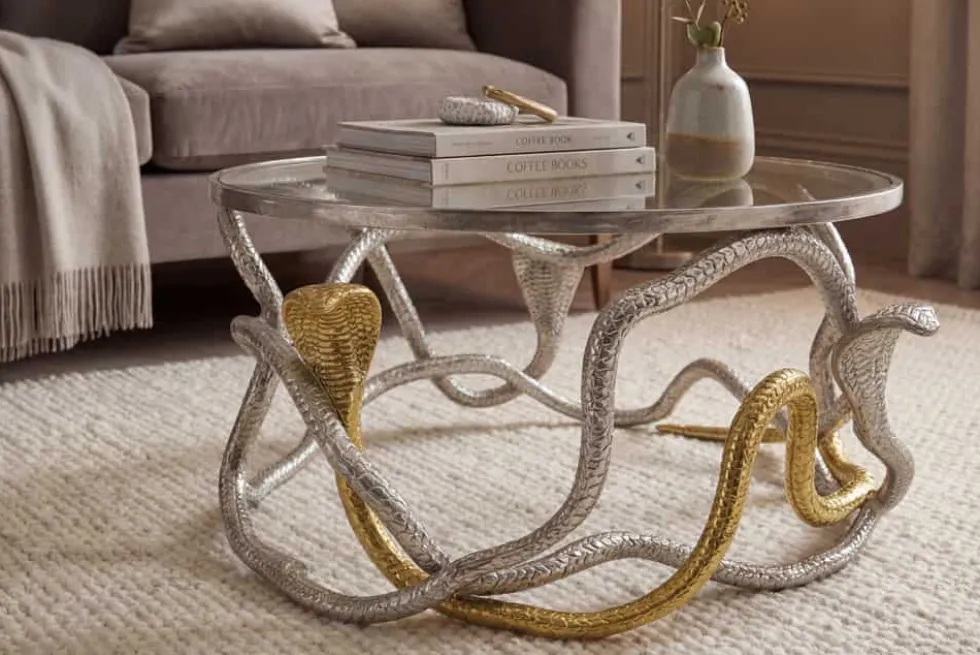 Runder Couchtisch SNAKE 70cm gold silber Metall Schlangen-Skulptur Glasplatte