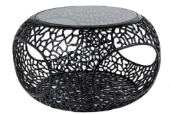 Runder Couchtisch SPIN 75cm schwarz Schwarzglas Metall mit Stauraum handmade