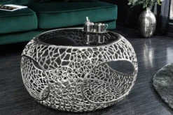 Runder Couchtisch SPIN 75cm silber Schwarzglas Metall mit Stauraum handmade