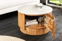 Runder Couchtisch TRES CHIC 60cm weiß Marmor natur Mangoholz mit Stauraum